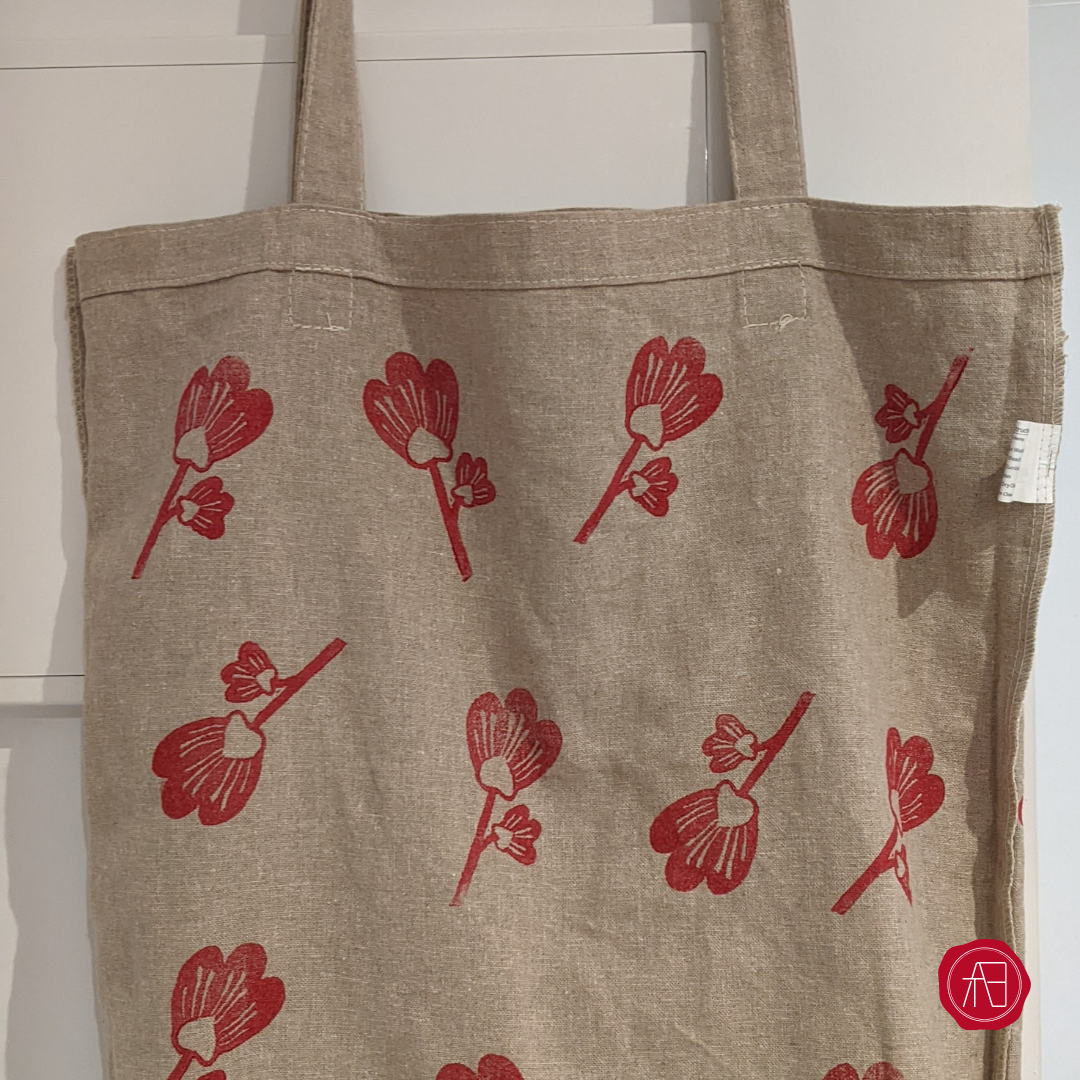 Hand printed hemp tote bag by The Arthly Box