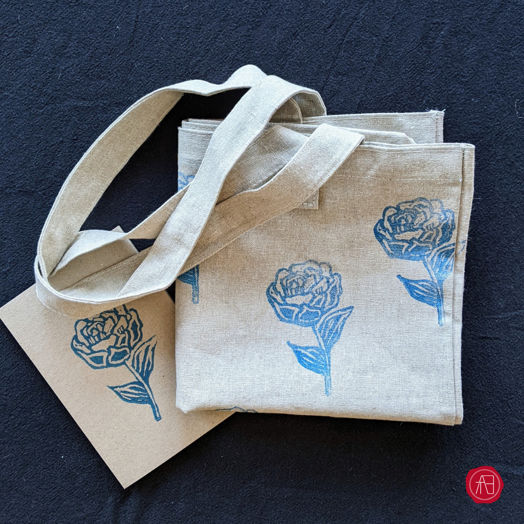 Hand printed hemp tote bag by The Arthly Box