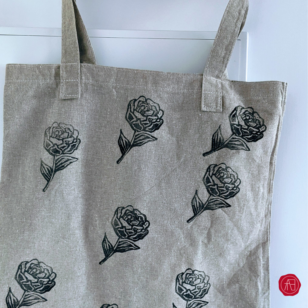 Hand printed hemp tote bag by The Arthly Box
