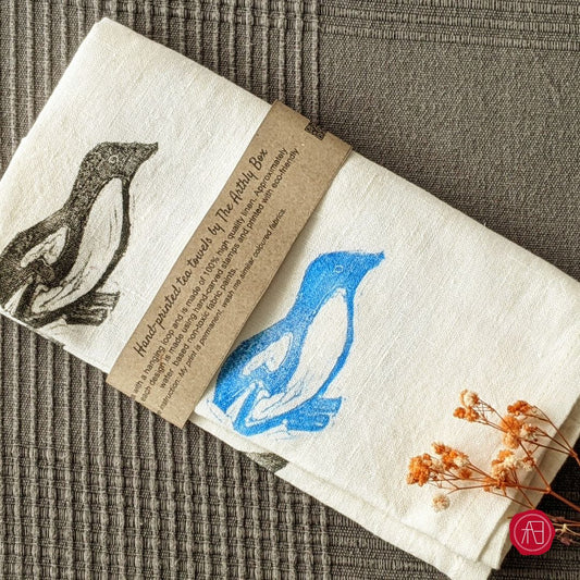 Hand printed | Block printed penguins kitchen towel