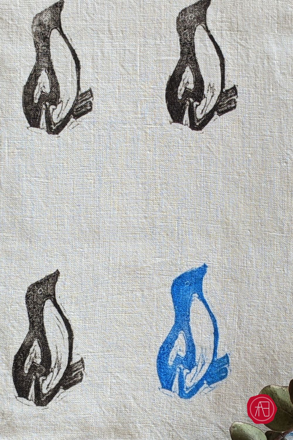 Hand printed | Block printed penguins kitchen towel