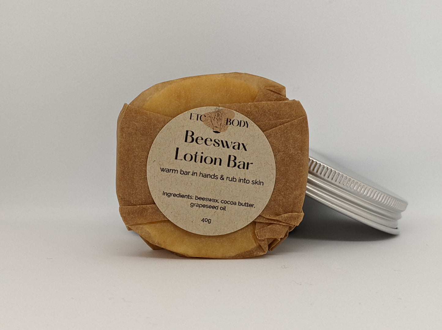 Beeswax Lotion bar. Warm bar in hands & rub into skin.