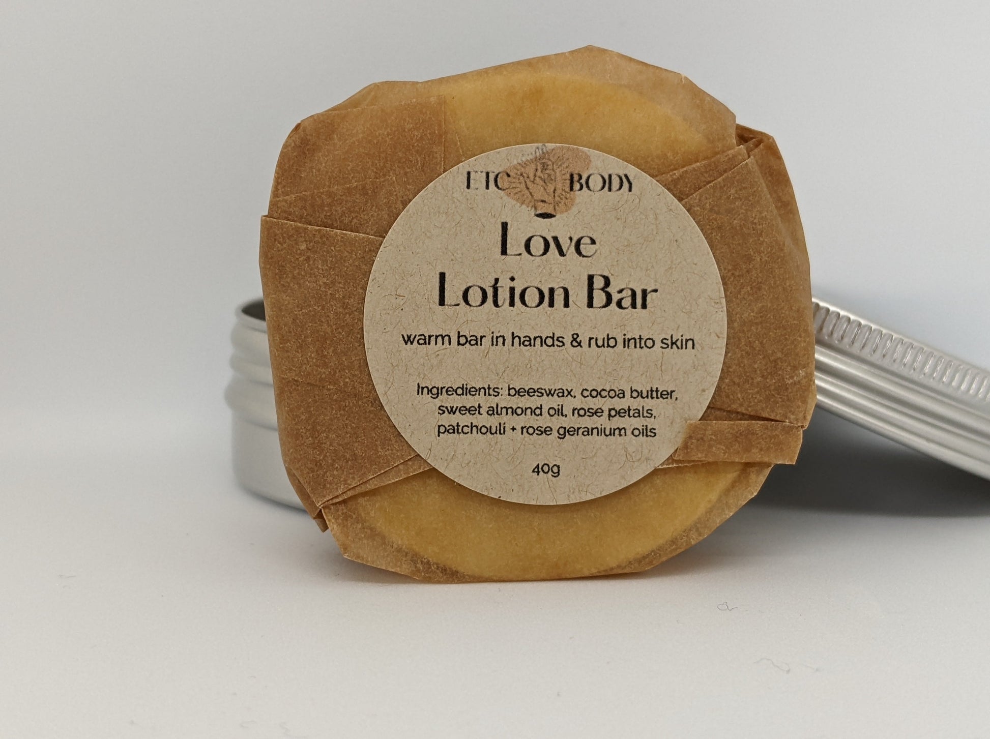 Love Lotion bar with rose petals and roe geranium oils. Warm bar in hands & rub into skin..ETC Body